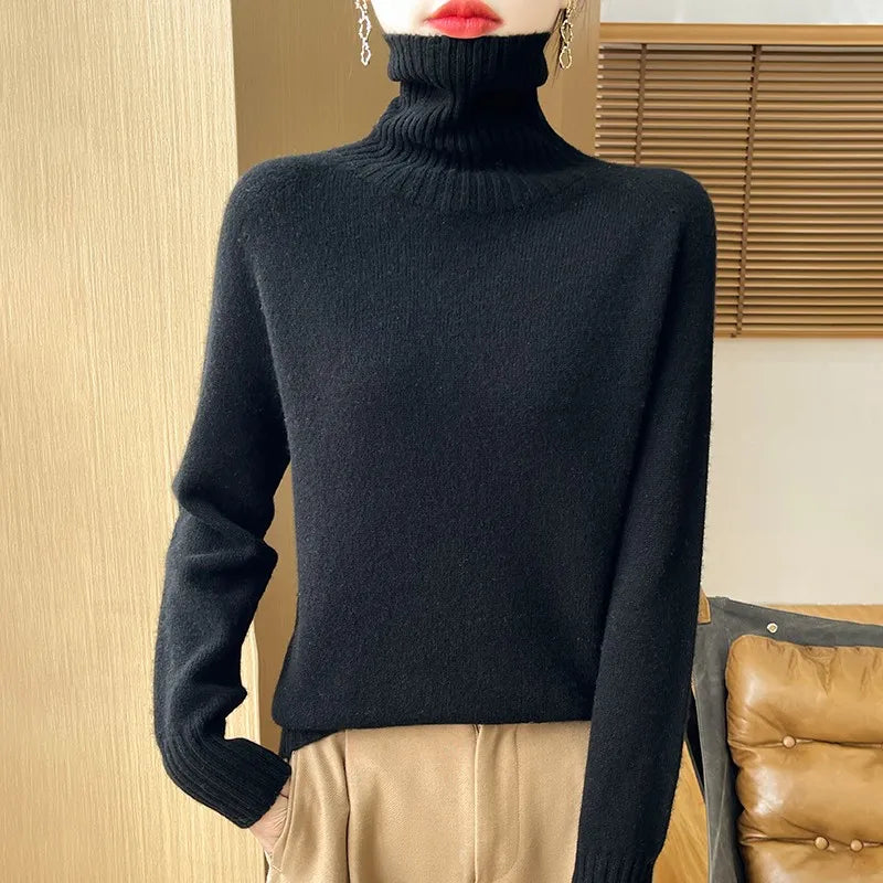 Women's Clothing New Fashion Autumn And Winter Merino Wool Pullover Solid Color Long Sleeve Basic Thermal Top 100% Wool Sweater