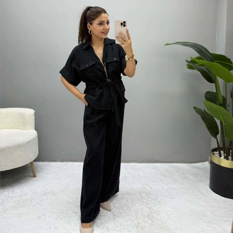 Women’s Summer 2-Piece Set – Loose Shirt & High-Waist Pants