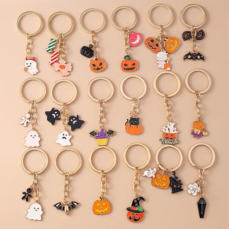 Aihua Gold Color Fashion Halloween Keychain Enamel Creepy Ghost Spider Mummy Pumpkin Keychains Keyring for Women Halloween Night