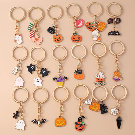 Aihua Gold Color Fashion Halloween Keychain Enamel Creepy Ghost Spider Mummy Pumpkin Keychains Keyring for Women Halloween Night