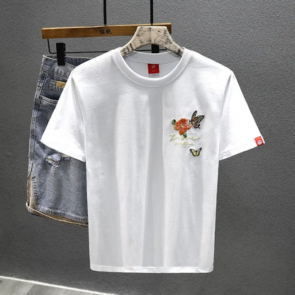 2025 Summer New Chinese Style Butterfly Embroidered Short-sleeved T-shirt Men Loose Casual Top