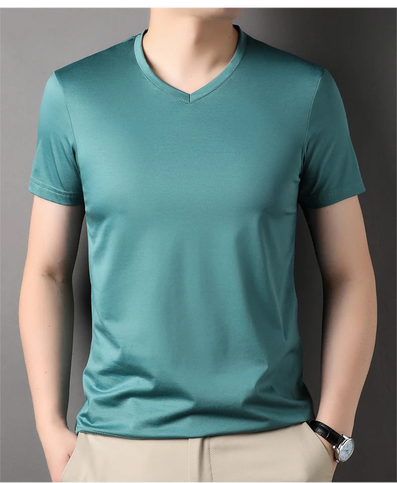 Top Grade 1.7% Mulberry Silk New Summer Brand Tops V Neck t Shirts For Men 2025 Short Sleeve Casual Fashion Mens Clothing