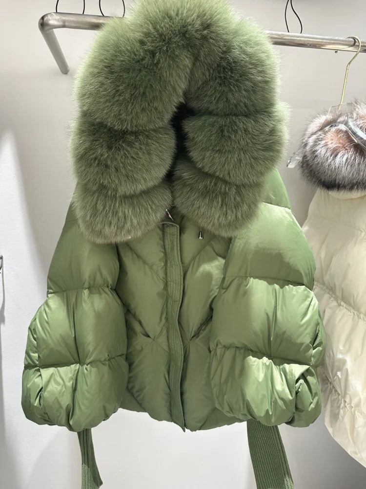 OFTBUY 2025 New Winter Large Real Fur Hooded Puffer Jacket Women Thicken Warm Knitted Sleeve Coat White Duck Down Mid Long Parka