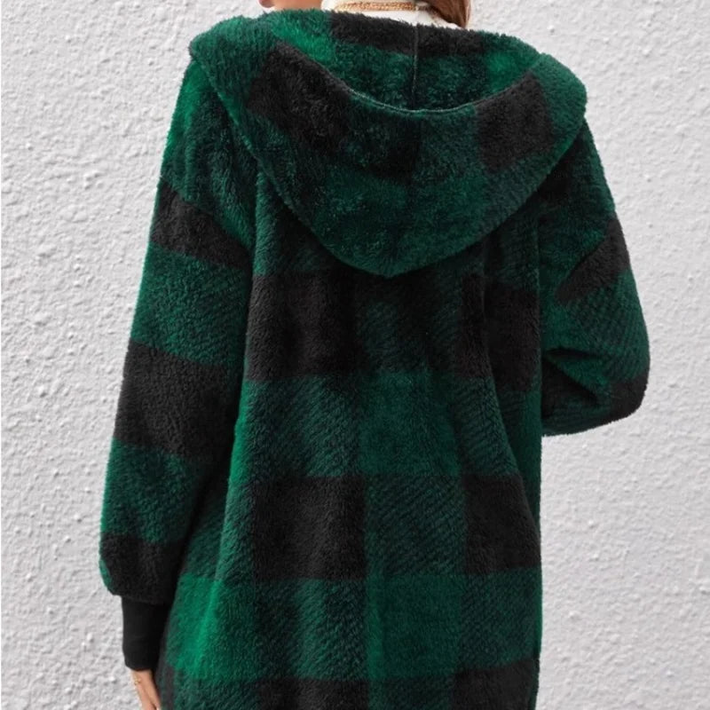 Women Autumn Winter Double Fleece Plaid Cardigan Soft Loose Long Sleeve Plush Warm Hooded Jacket Female Patchwork Outerwear Coat