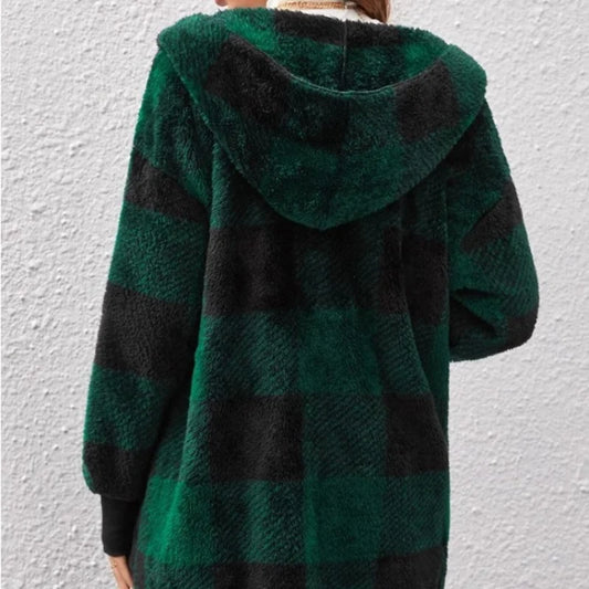 Women Autumn Winter Double Fleece Plaid Cardigan Soft Loose Long Sleeve Plush Warm Hooded Jacket Female Patchwork Outerwear Coat