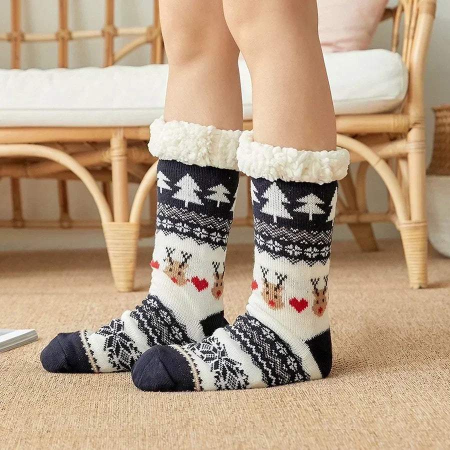 Fuzzy Fluffy Sock Women Winter Christmas Gift Warm Plush Non slip Home Sleeping Soft Female Floor Thermal Slipper Sock Snowflake