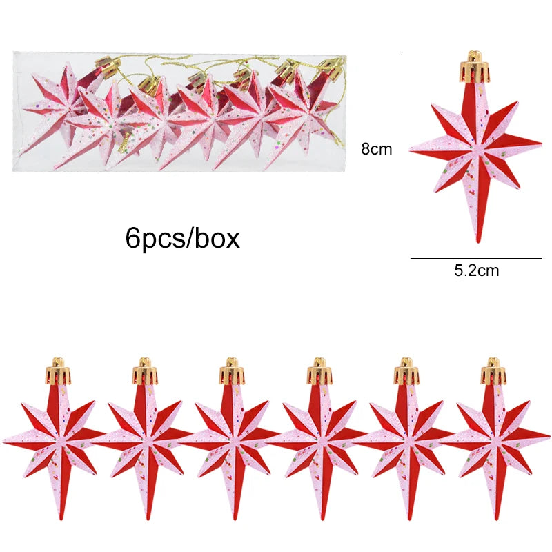 6pcs/box Christmas Tree Pendant Red Star Candy Snowflake Xmas Ball Ornament New Year 2025 Home Decoration Noel Gift Navidad 2024