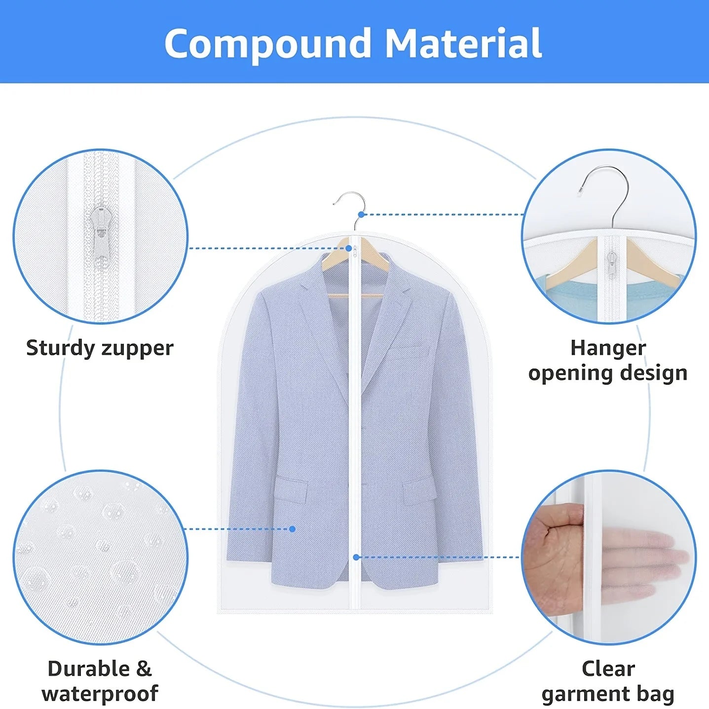 5pcs Durable Polyester Garment Dust Cover with Zipper Closure Long Hanging Clothes Bag for Coats Jackets & Wardrobe Organization