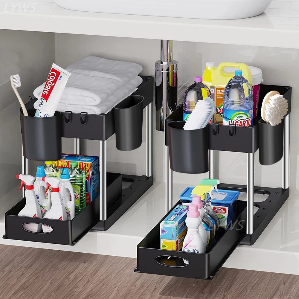 2-Tier Under Sink Organizer with Sliding Drawers & Hooks