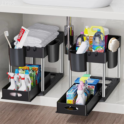 2-Tier Under Sink Organizer with Sliding Drawers & Hooks