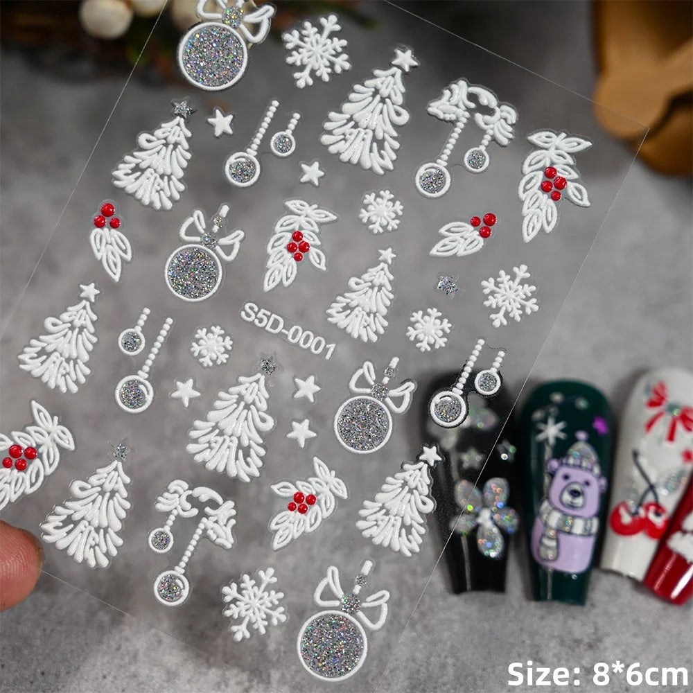 Cute Deer Christmas Nail Stickers 5D Embossed Elk Star Gingerbread Man Snowflake Santa Claus Holly DIY Winter Engraved Manicure*