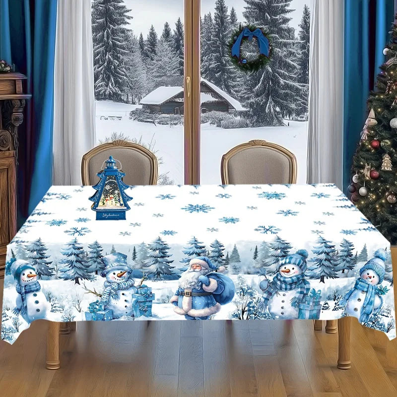 Blue Santa Claus Snowman Christmas Tablecloth Winter Wonderland Table Cover Christmas Decorations for Home 2025 Navidad Gifts