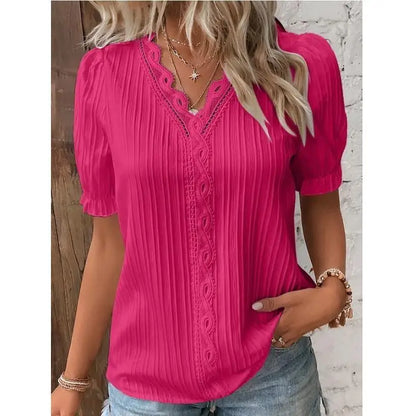 Elegant Women Blouse Shirt V Neck Lace Patchwork Short Sleeve Shirts For Women Summer Lady Tops White