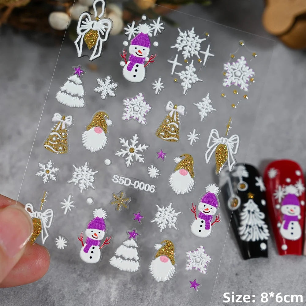 Cute Deer Christmas Nail Stickers 5D Embossed Elk Star Gingerbread Man Snowflake Santa Claus Holly DIY Winter Engraved Manicure*