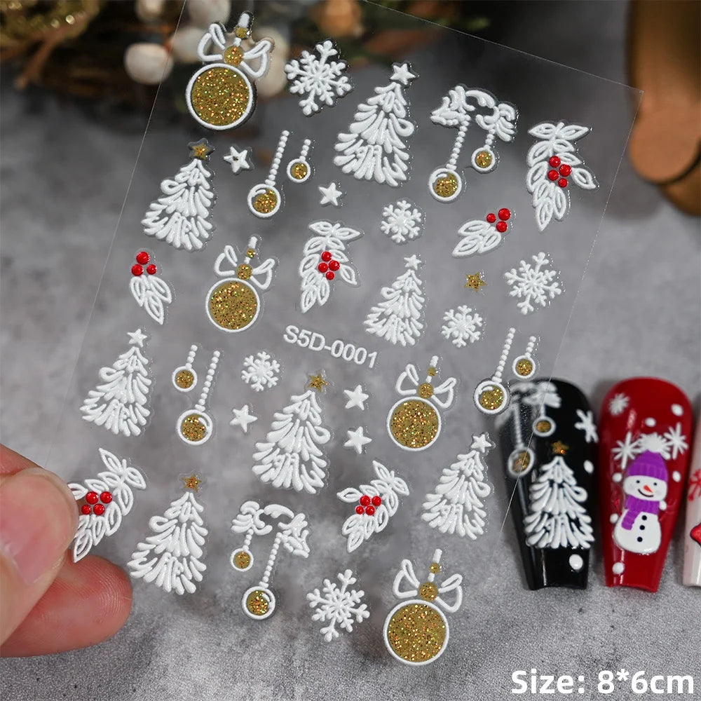 Cute Deer Christmas Nail Stickers 5D Embossed Elk Star Gingerbread Man Snowflake Santa Claus Holly DIY Winter Engraved Manicure*