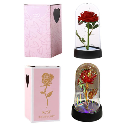 Artificial Rose Flowers Eternal Rose LED Light Foil Flower in Glass Cover Simulation Rose Flower Mothers Day Gifts Party Supply