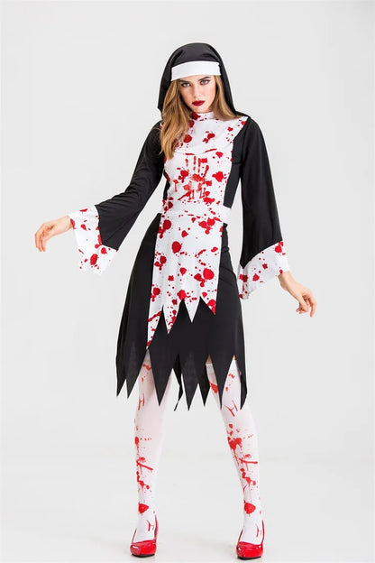Halloween Costume for Women Nun Costume Cosplay Costumes Vampire Demon Costume Cross Print Long Dress Party Clothes