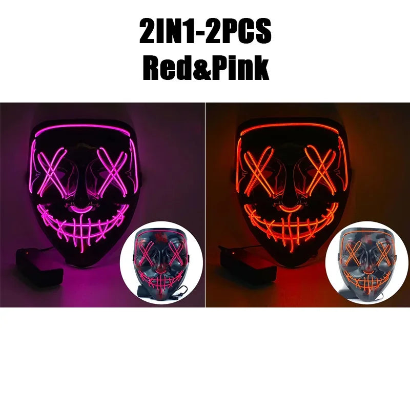 LED Halloween Mask Glow in The Dark Scary Terror Face Cover Bright Scream Light Up Costume for Men Carnival Party