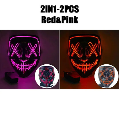 LED Halloween Mask Glow in The Dark Scary Terror Face Cover Bright Scream Light Up Costume for Men Carnival Party