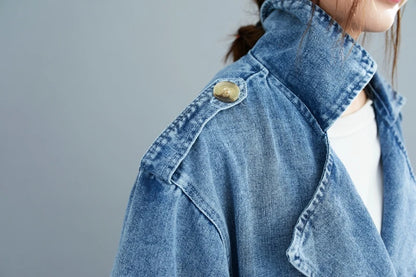 2025 Women's Denim Trench Coat Autumn Double Breasted Belted Casual Jean Overcoat Loose Long Windbreaker Jacket Couple Models
