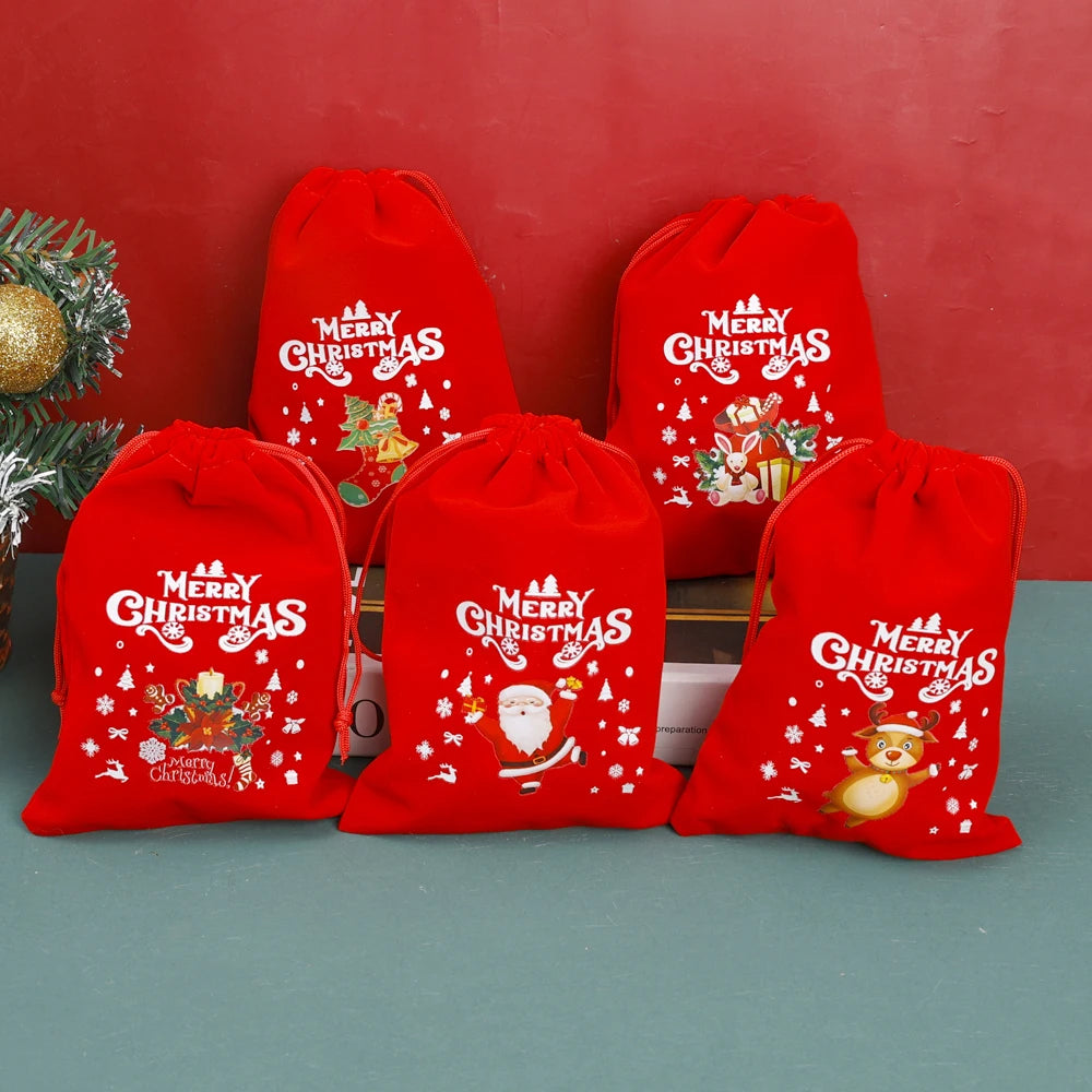 20/1Pcs Red Christmas Velvet Bags Drawstring Santa Gift Pouch Candy Snack Wrapping Bag Christmas Wedding Party Favors Decoration