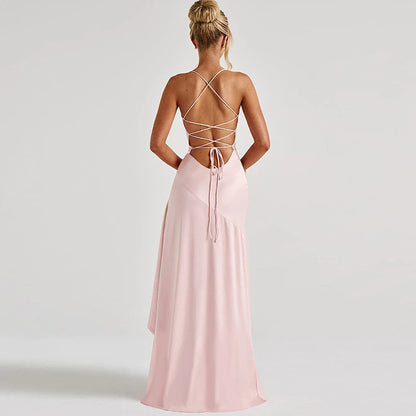 Sexy Slash Neck Slim Ruffle Banquet Dress Women Spring Backless Lace-up Long Irregular Dress Summer Sleeveless Hollow Maxi Dress