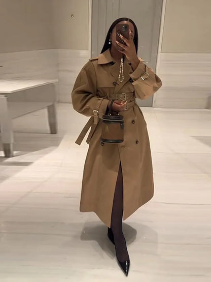 Double-Buckled Belted Hooded Trench Coat Oversized Long Sleeve Maxi 2025 Autumn Edgy Women Outerwear Fashion Trendy Lady Jacket