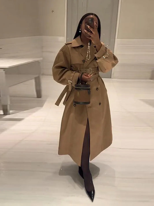 Double-Buckled Belted Hooded Trench Coat Oversized Long Sleeve Maxi 2025 Autumn Edgy Women Outerwear Fashion Trendy Lady Jacket