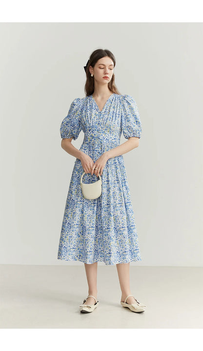 FSLE Blue Romantic Floral Dress Women Elegant Vintage High Waist V-neck Puff Sleeve Summer Printing Female Cotton Long Skirts