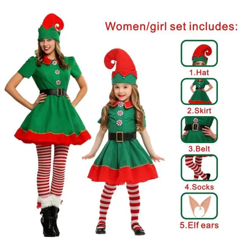 Adult and Boys Christmas Green Elf Cosplay Costume Xmas Party New Year Santa Claus Hat Belt Socks Shoe Cover Dress Clothes Set