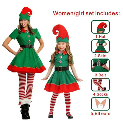 Adult and Boys Christmas Green Elf Cosplay Costume Xmas Party New Year Santa Claus Hat Belt Socks Shoe Cover Dress Clothes Set