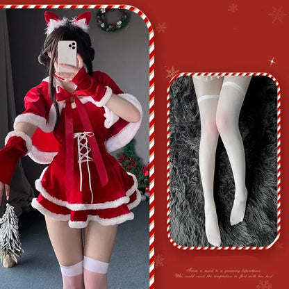 [You're My Secret] Christmas Dress Suit Women Xmas Cosplay Costume Red Suit Party Rabbit Ears Hooded Shawl Christmas Girl Set