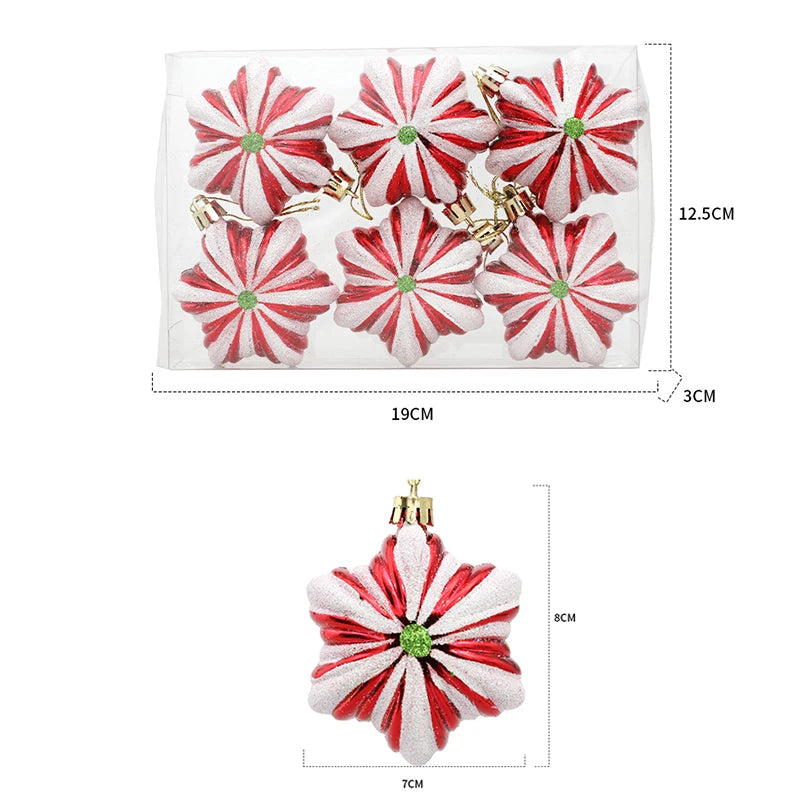 6pcs/box Christmas Tree Pendant Red Star Candy Snowflake Xmas Ball Ornament New Year 2025 Home Decoration Noel Gift Navidad 2024