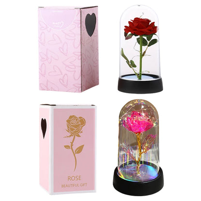 Artificial Rose Flowers Eternal Rose LED Light Foil Flower in Glass Cover Simulation Rose Flower Mothers Day Gifts Party Supply