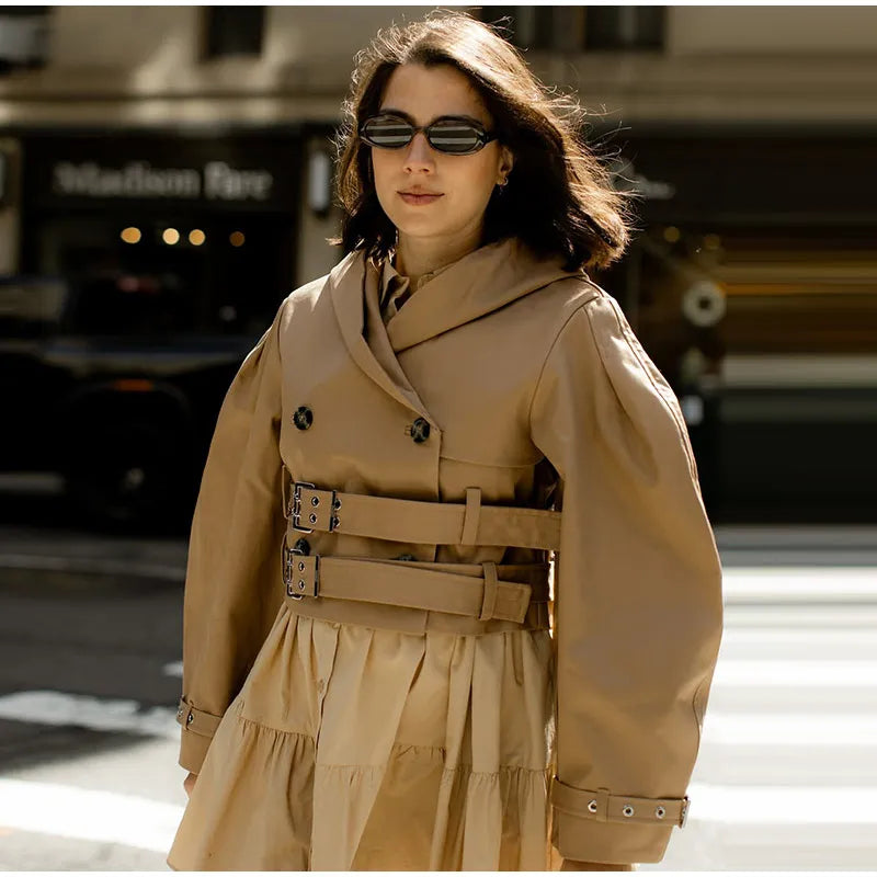 Double-Buckled Belted Hooded Trench Coat Oversized Long Sleeve Maxi 2025 Autumn Edgy Women Outerwear Fashion Trendy Lady Jacket