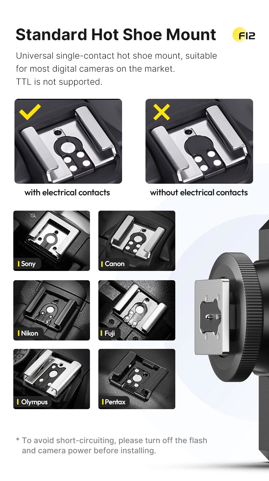 Ulanzi F12 Mini Camera Flash Speedlite GN12 6500K Standard Hot Shoe Mount for Sony Canon Nikon Panasonic Olympus DSLR Camera