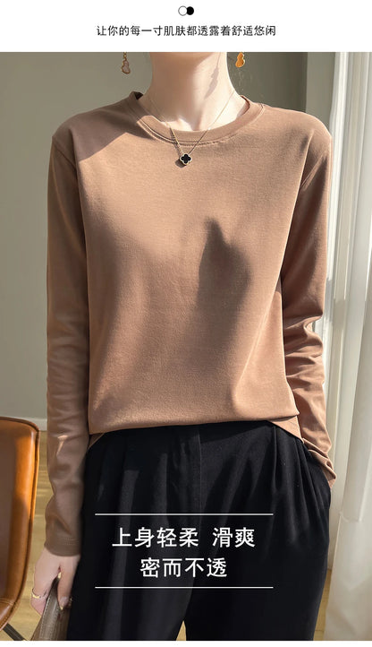Spring Autumn 100% Cotton Long-Sleeved T-Shirt Women's Round Neck Mercerized Cotton Bottoming Shirt Loose Top