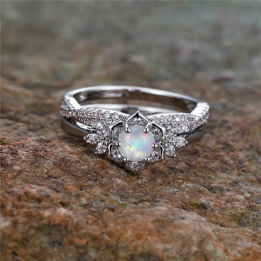 Elegant White Fire Opal Flower Engagement Ring Set for Women