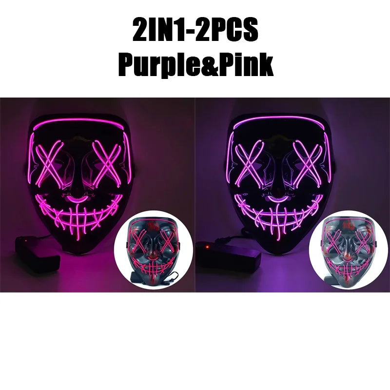 LED Halloween Mask Glow in The Dark Scary Terror Face Cover Bright Scream Light Up Costume for Men Carnival Party