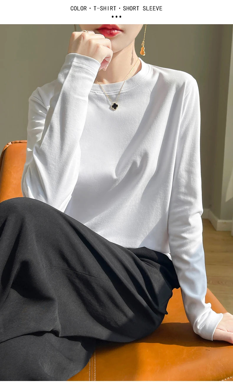 Spring Autumn 100% Cotton Long-Sleeved T-Shirt Women's Round Neck Mercerized Cotton Bottoming Shirt Loose Top