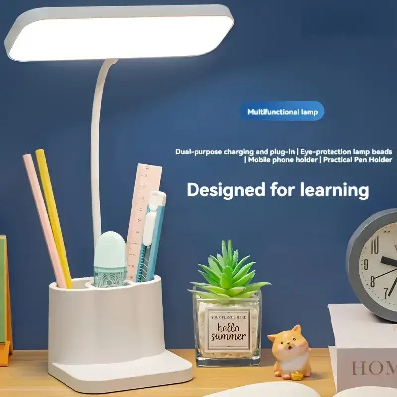 Adjustable LED desktop light with touch, eye protection, 3 color temperature modes, pen holder, USB rechargeable, for reading