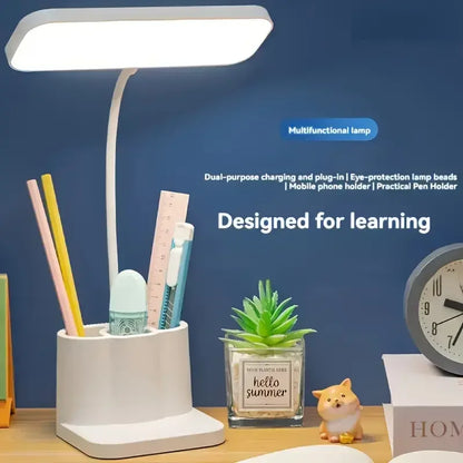 Adjustable LED desktop light with touch, eye protection, 3 color temperature modes, pen holder, USB rechargeable, for reading