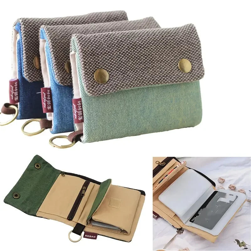 Women's Handmade Fold Fabric Wallet Simple Color Contrast Short Zipper Purses Cartoon Coin Purse Card Holder Key Organizer