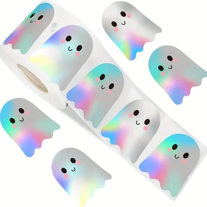 1roll/500pcs Cute Laser Ghost Stickers,Cute Ghost Sealing Stickers, Self-Adhesive Paper,Halloween Halloween Decorations Stickers