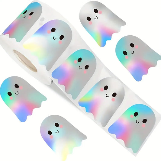 1roll/500pcs Cute Laser Ghost Stickers,Cute Ghost Sealing Stickers, Self-Adhesive Paper,Halloween Halloween Decorations Stickers