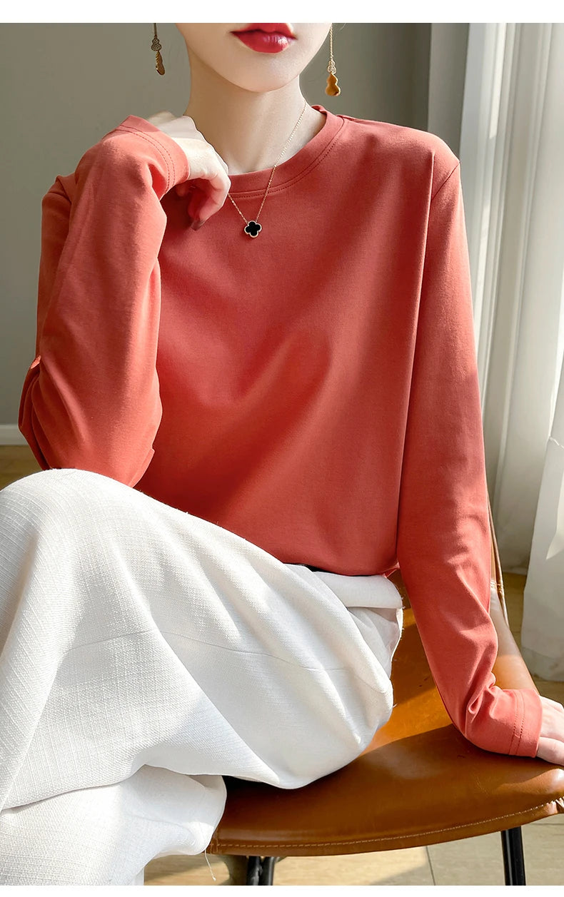 Spring Autumn 100% Cotton Long-Sleeved T-Shirt Women's Round Neck Mercerized Cotton Bottoming Shirt Loose Top