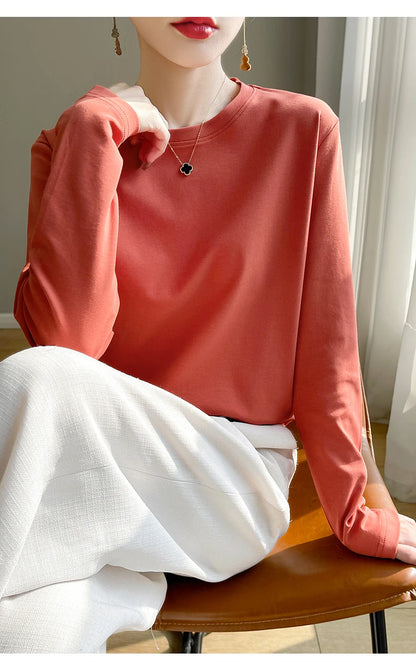 Spring Autumn 100% Cotton Long-Sleeved T-Shirt Women's Round Neck Mercerized Cotton Bottoming Shirt Loose Top
