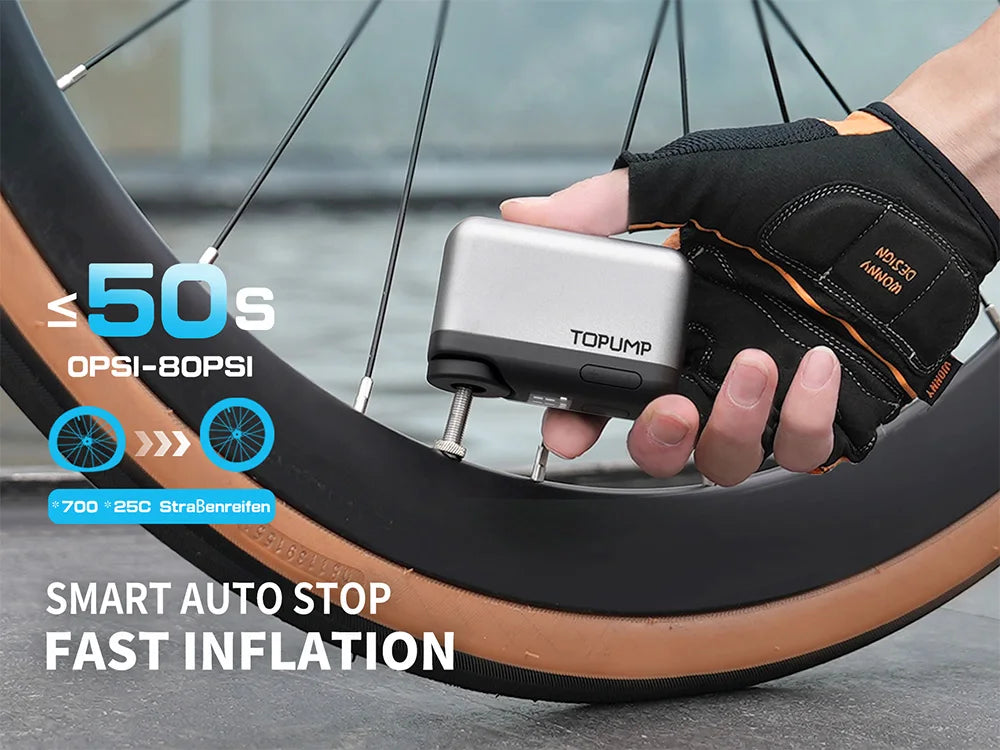 TOPUMP TB2 PRO Electric Mini Portable Pump for Bike Cordless Tire Inflator 120PSI Max 450mAh Battery with Display Fast Charging