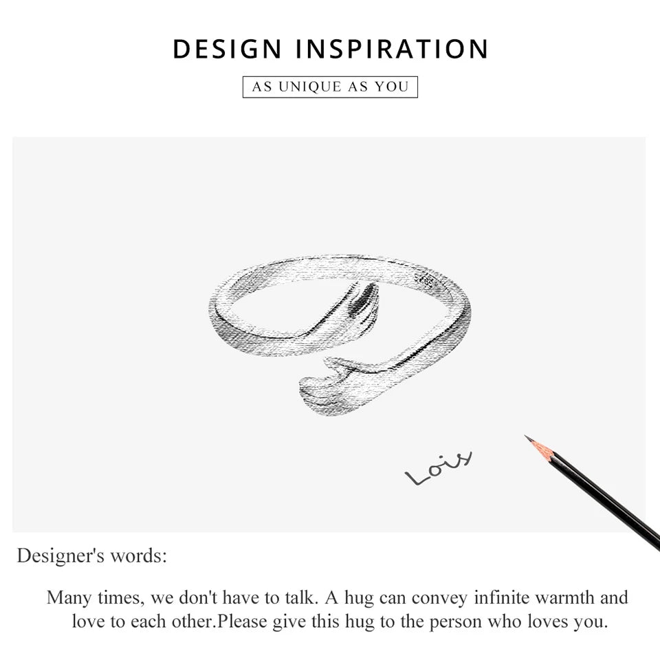 BAMOER 925 Sterling Silver Hug Open Ring Warmth and Love Hand Adjustable for Women Party Jewelry, His Big Loving Family Gift