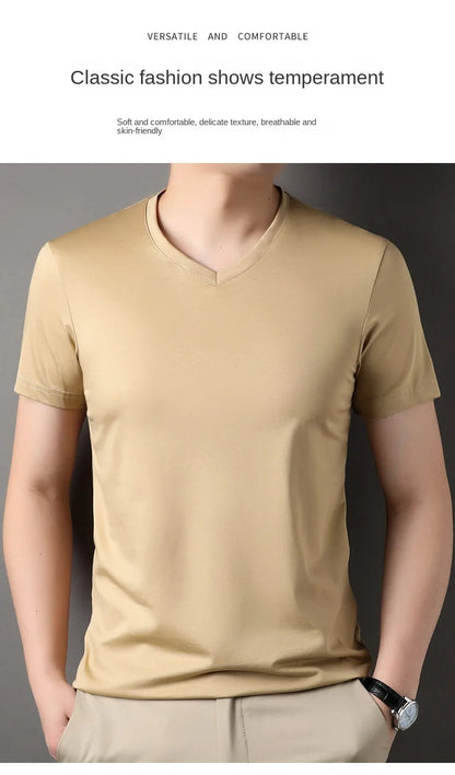 Top Grade 1.7% Mulberry Silk New Summer Brand Tops V Neck t Shirts For Men 2025 Short Sleeve Casual Fashion Mens Clothing